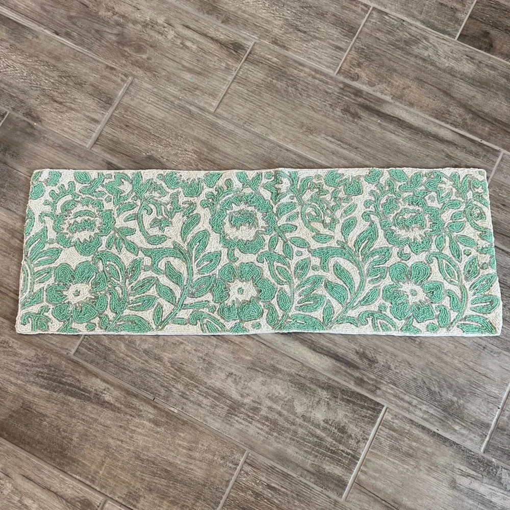 Jaipur in Bloom Beaded Table Runner Centerpiece 13 x 36 Aqua White Silver Floral